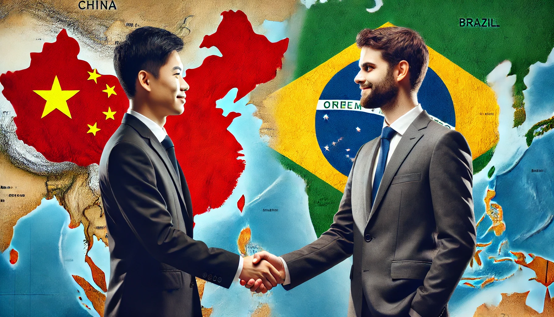 DALL·E 2024-08-05 22.46.40 – A Chinese businessman and a Brazilian businessman shaking hands, both wearing formal suits. The Chinese businessman is wearing a black suit. Behind th